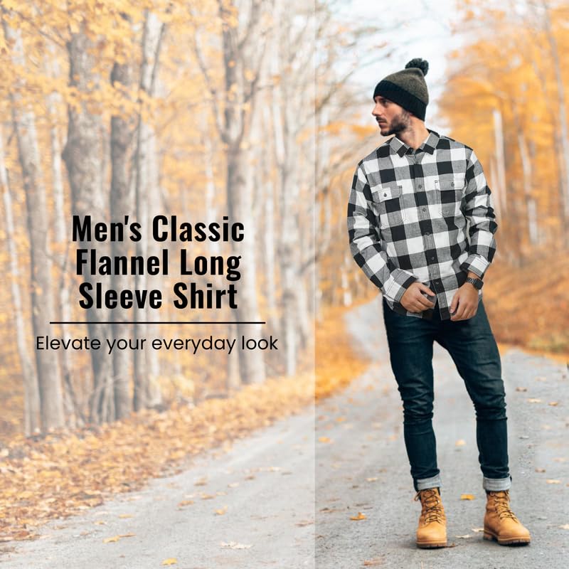Vasego Men’s Flannel Shirt, Long Sleeve Regular Fit Cotton Lumberjack Shirt with Button-Down Pockets (White & Black, XXL)