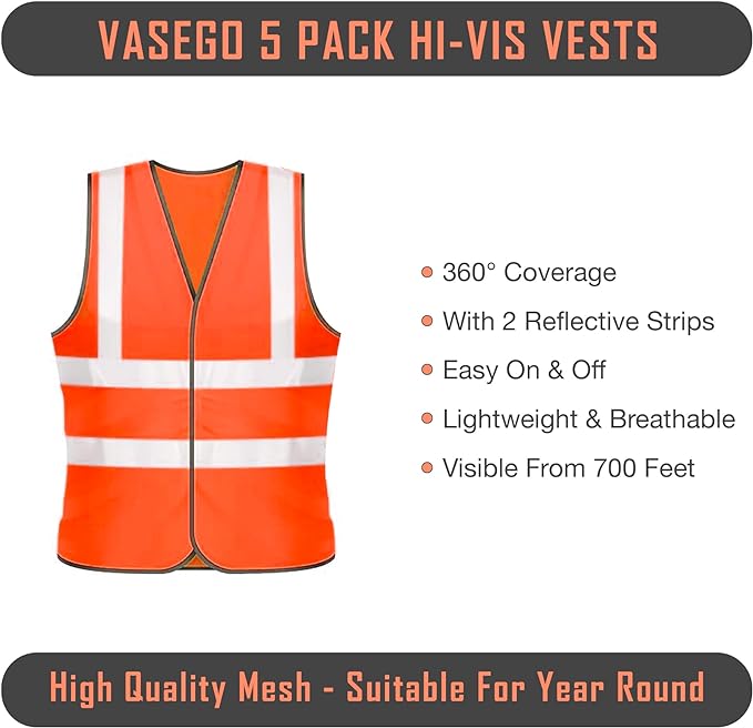 Vasego - Visibility Plain Safety Vests Pack of 5