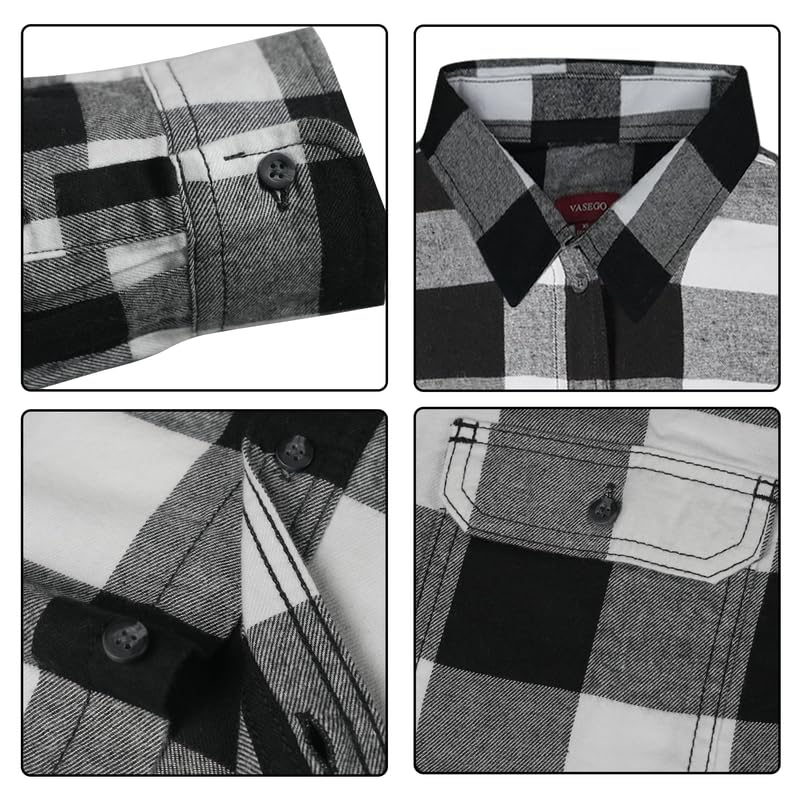 Vasego Men’s Flannel Shirt, Long Sleeve Regular Fit Cotton Lumberjack Shirt with Button-Down Pockets (White & Black, XXL)
